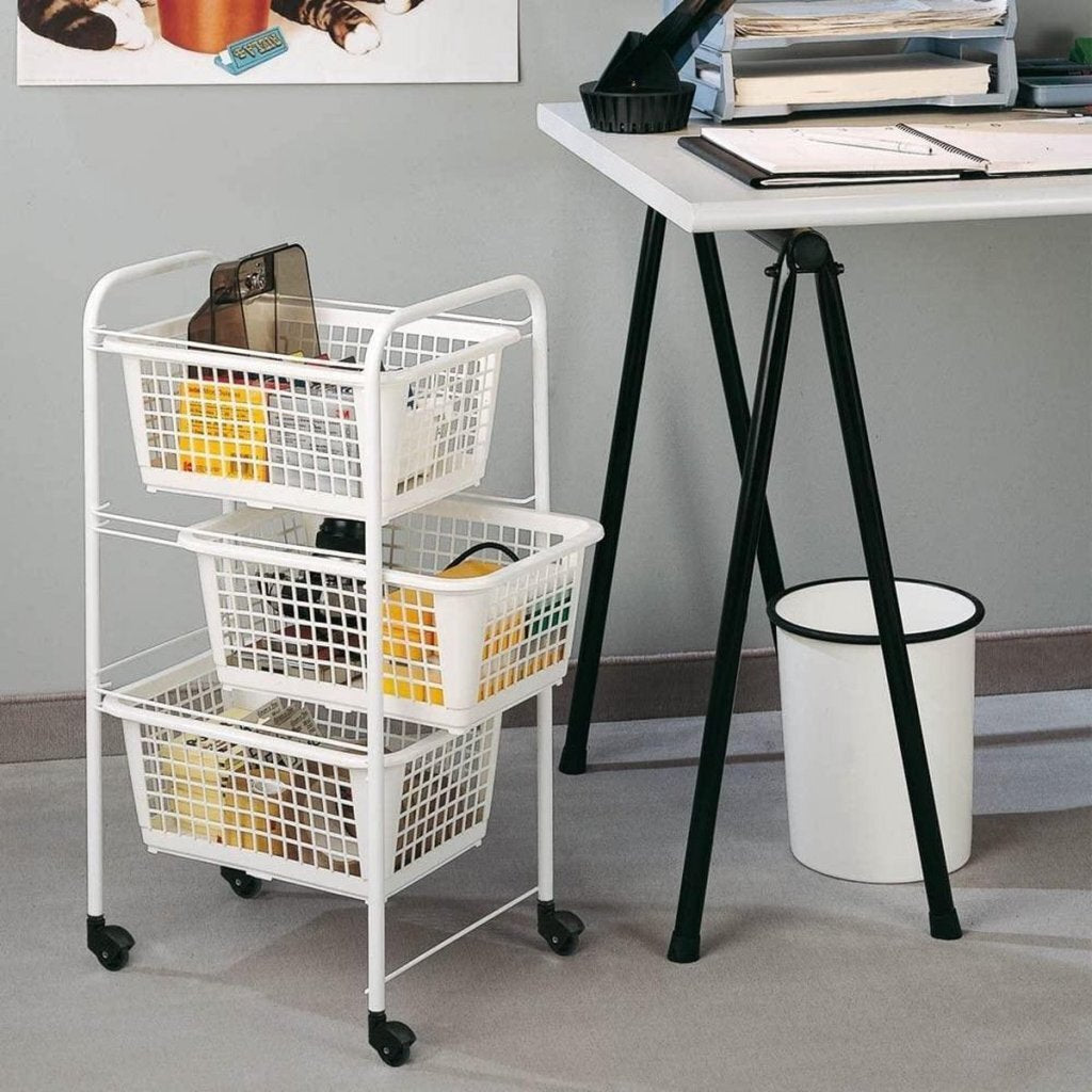 Metaltex Opbergrek Met Wielen + 3 Manden 30X38X68 Cm Wit