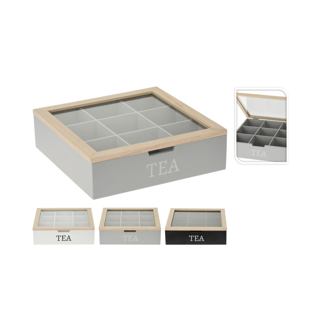 Basic Houten Theedoos 9 Vakjes 24X24 Cm Assorti
