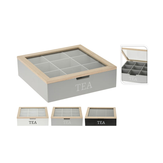 Basic Houten Theedoos 9 Vakjes 24X24 Cm Assorti